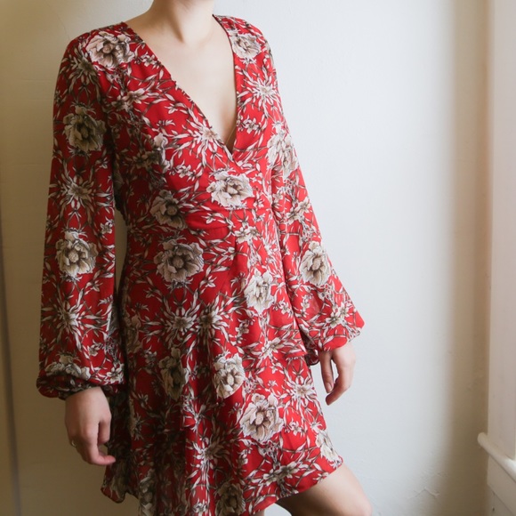 Dresses & Skirts - Red Floral Layered Dress with Bells Sleeves